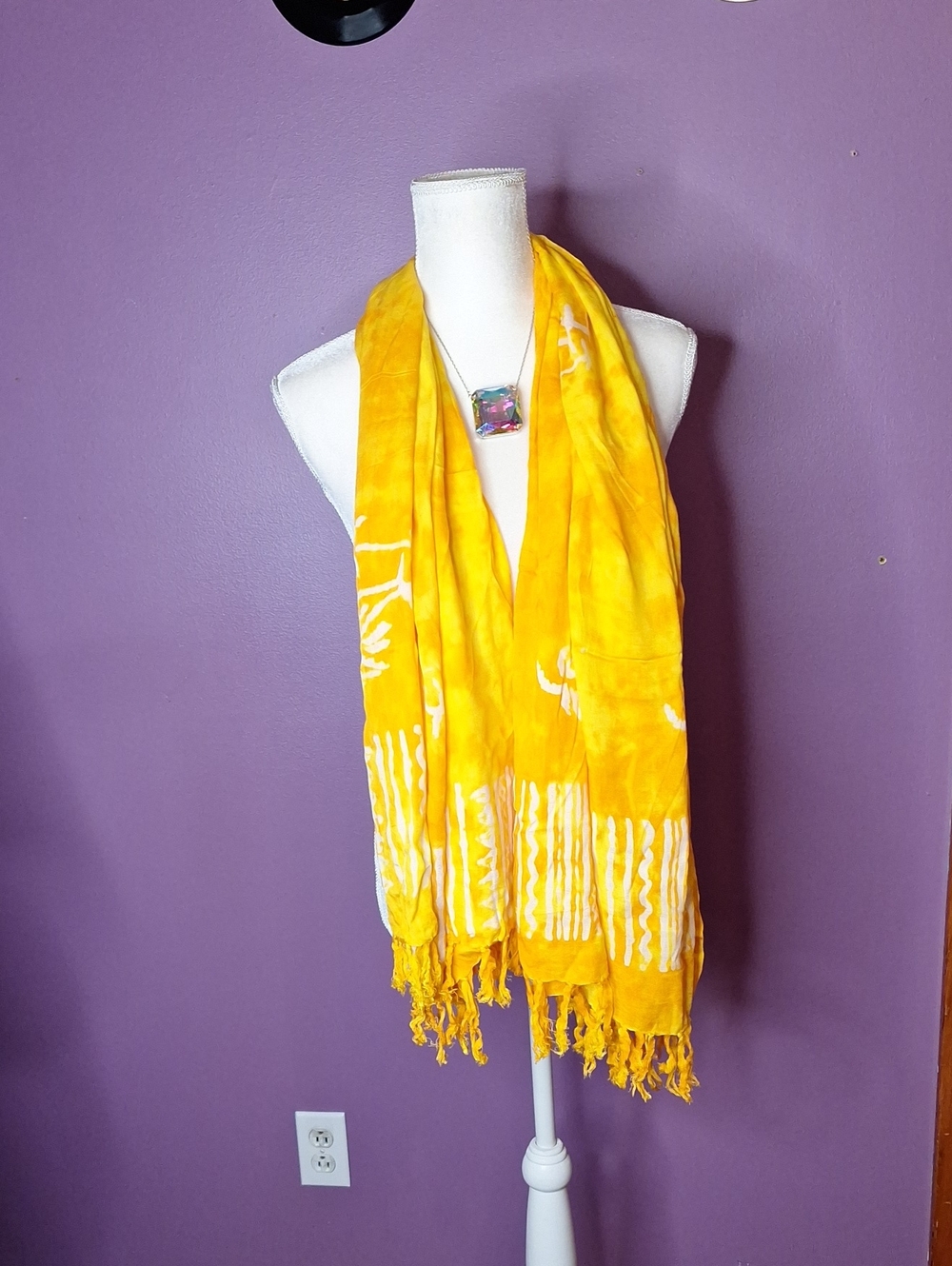 Yellow Tie-Dye Fringe Scarf Wrap - 100% Rayon (Large 46 X 43)